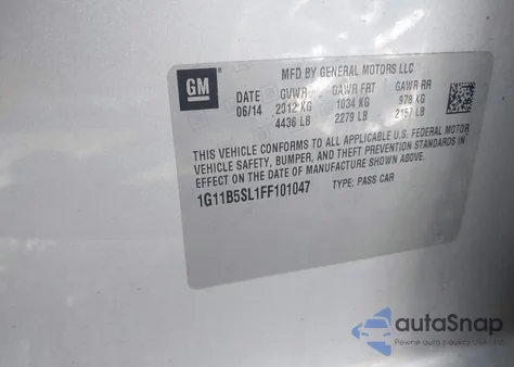 2015 Chevrolet Malibu Ls из США, поврежденный, VIN 1G11B5SL1FF101047